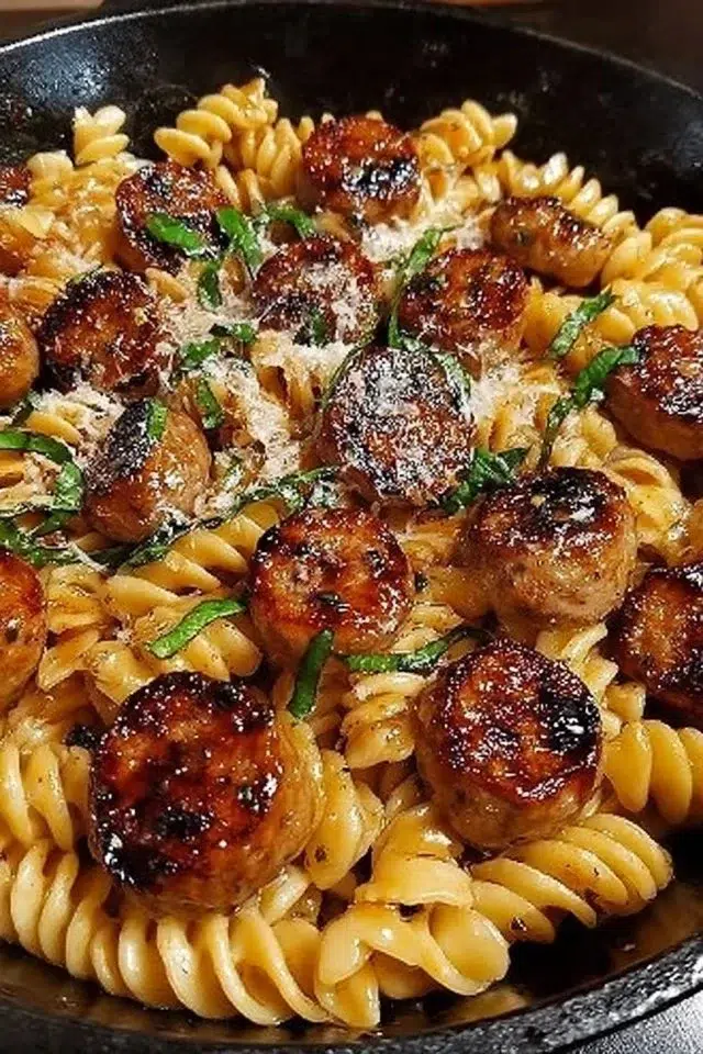 Sticky Honey Garlic Sausage Pasta Skillet