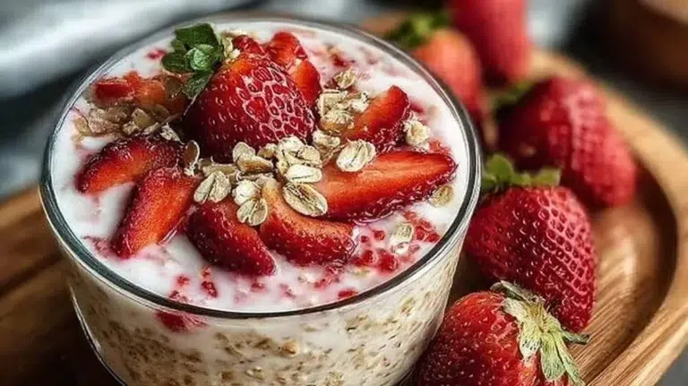 Delicious strawberry yogurt overnight oats in a glass topped with fresh strawberries