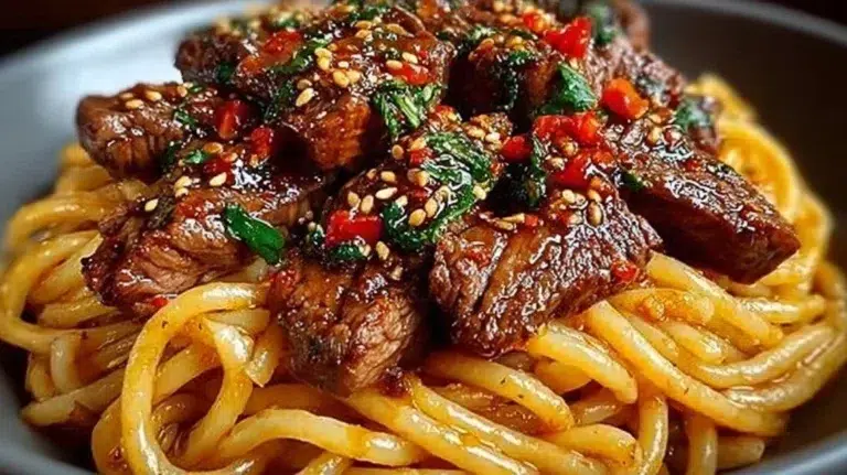 Delicious Sweet and Spicy Garlic Steak Pasta garnished with herbs.