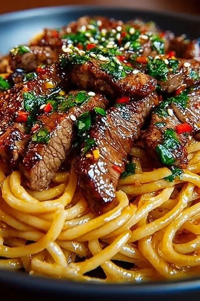 Sweet and Spicy Garlic Steak Pasta