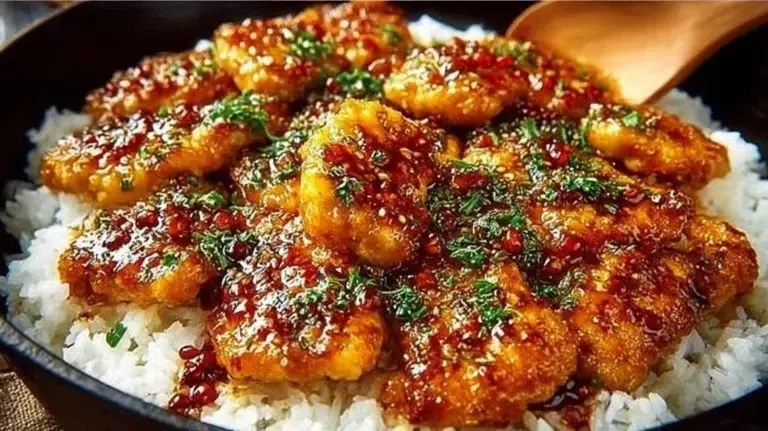 Delicious honey garlic chicken served on a plate with herbs.