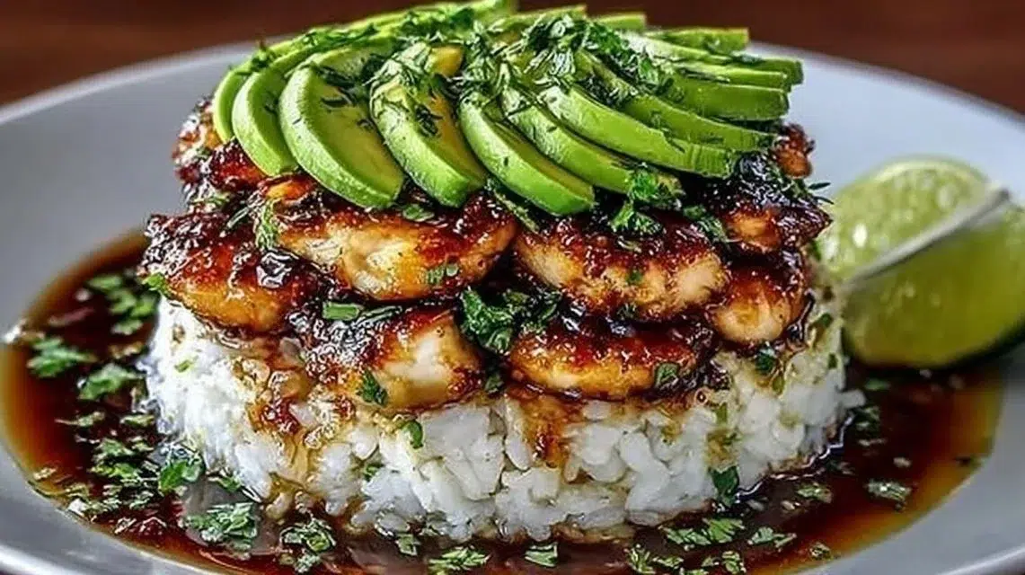 Delicious Honey Lime Chicken served with avocado rice stack.