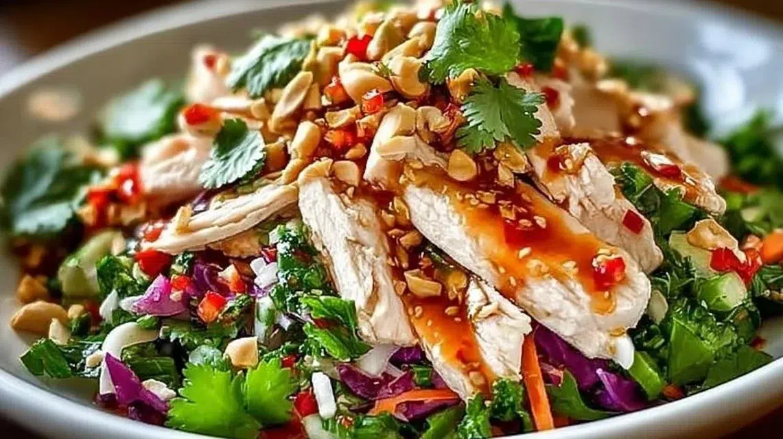 A vibrant Thai Chicken Salad with colorful vegetables and grilled chicken