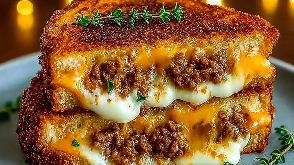 Delicious cheesy ground beef melt on a toasted bun with melted cheese and toppings