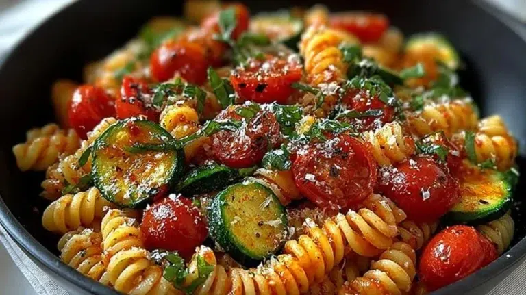 Delicious bowl of Tomato Zucchini Pasta topped with fresh herbs