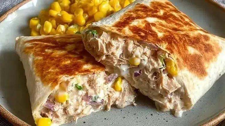 Delicious Tuna Melt Wrap filled with creamy tuna and cheese
