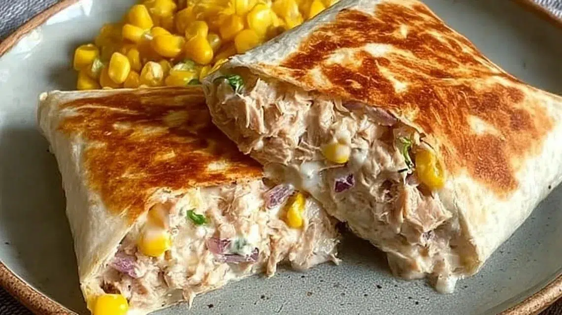 Delicious Tuna Melt Wrap filled with creamy tuna and cheese