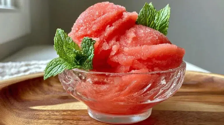 Bowl of vibrant Watermelon Sorbet garnished with mint leaves