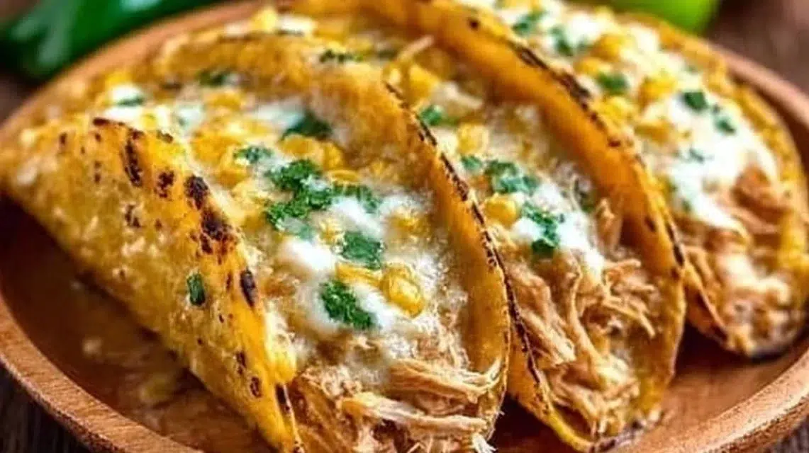 Delicious white chicken chili tacos served with fresh toppings