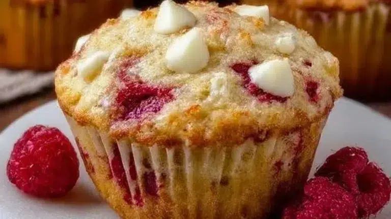 Delicious white chocolate raspberry muffins fresh out of the oven