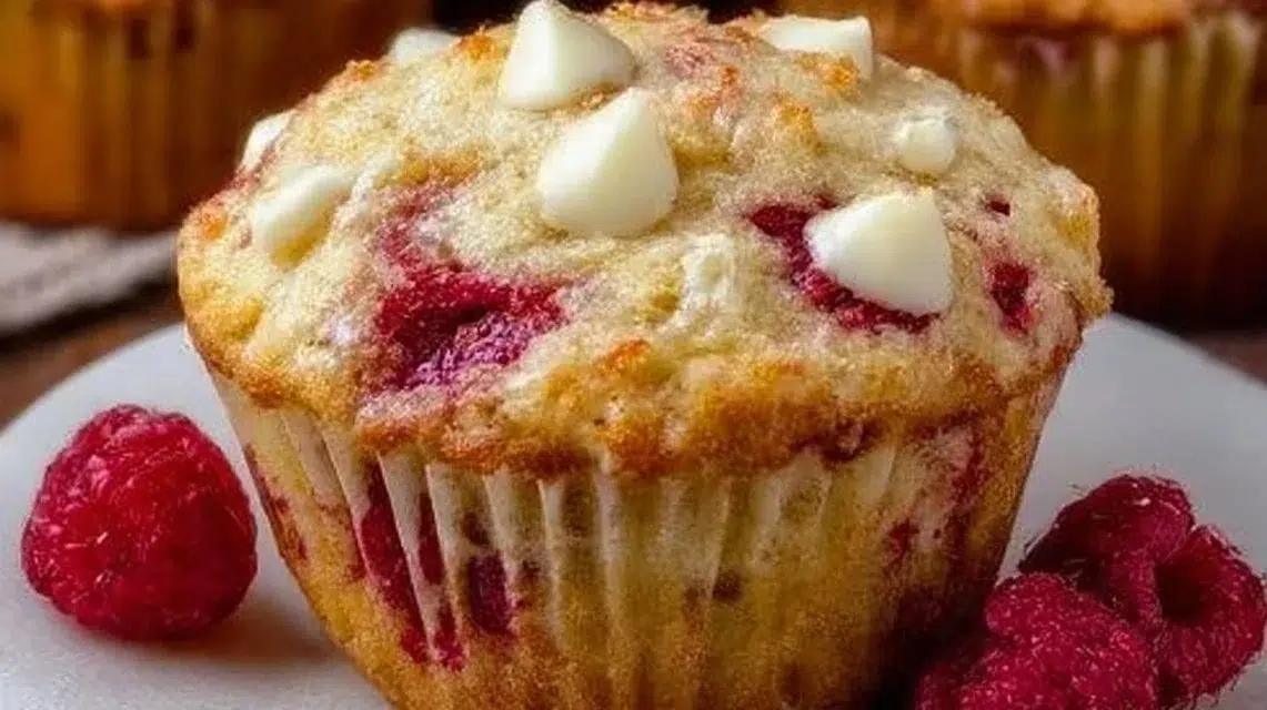 Delicious white chocolate raspberry muffins fresh out of the oven