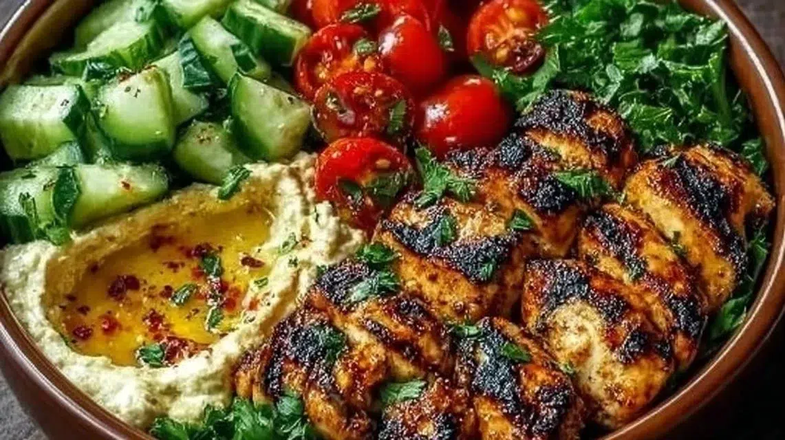 Zesty Lemon Chili Grilled Chicken Bowls topped with Cucumber Salad.