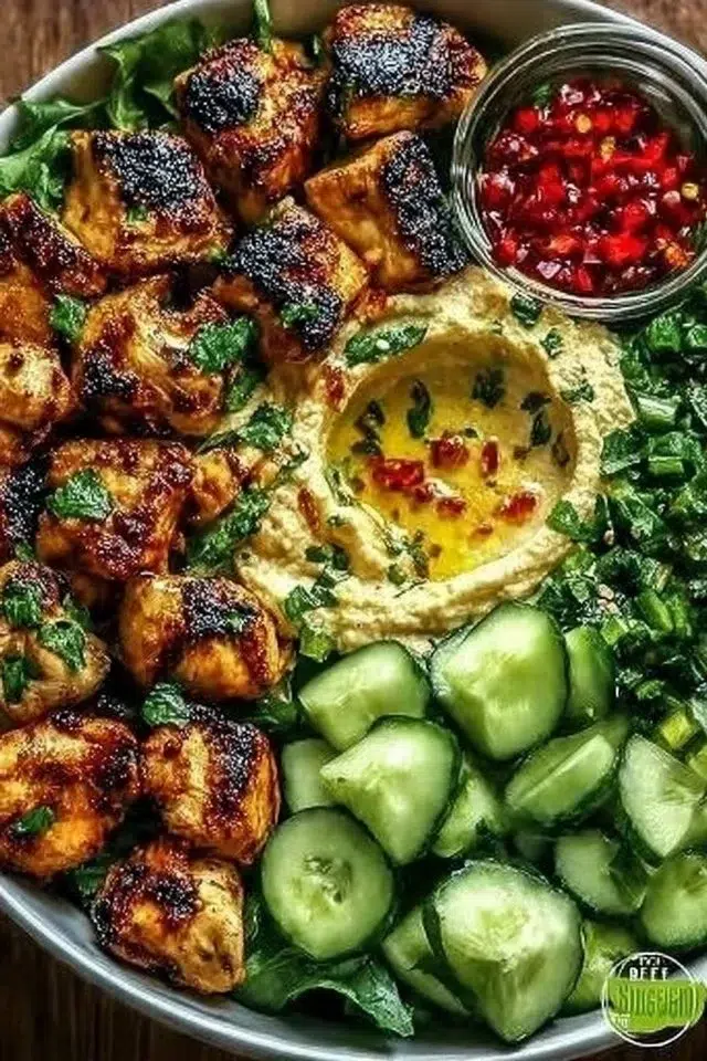 Zesty Lemon Chili Grilled Chicken Bowls with Cucumber Salad