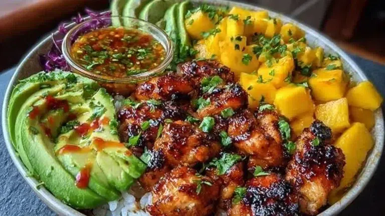 Delicious BBQ Chicken Mango Bowl with vibrant ingredients and flavors.