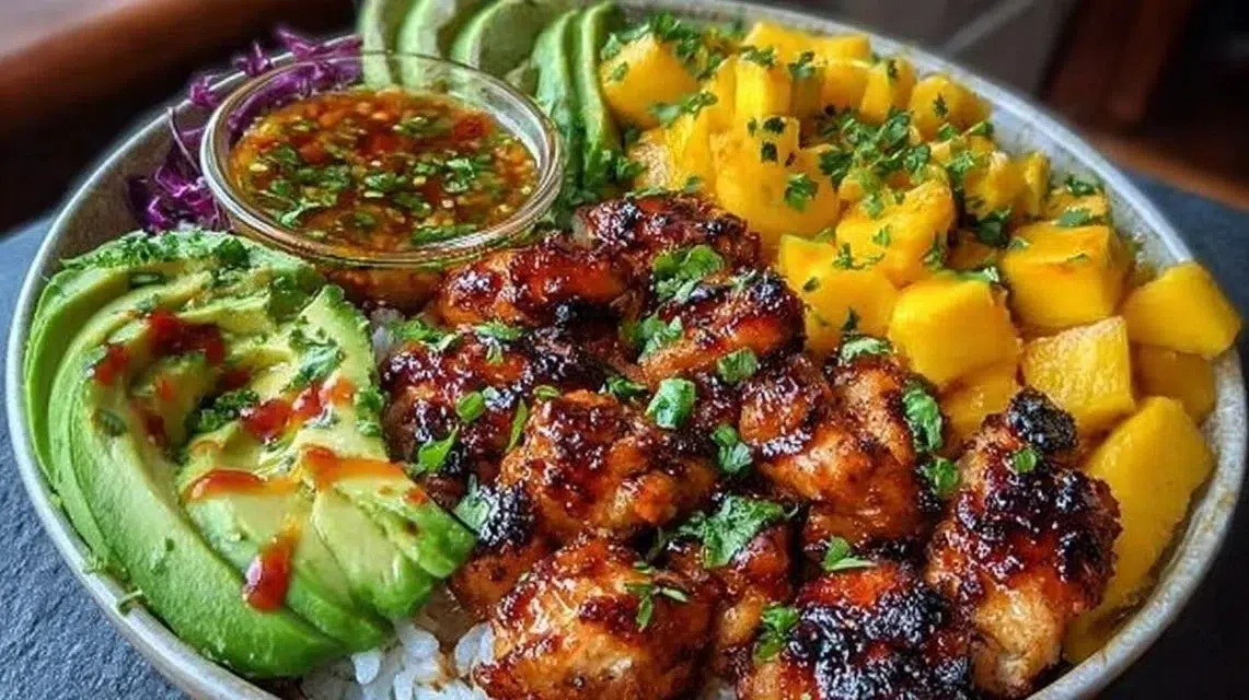 Delicious BBQ Chicken Mango Bowl with vibrant ingredients and flavors.