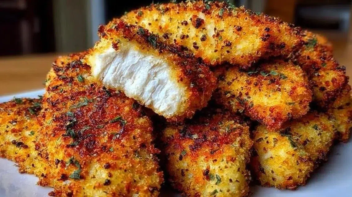 Crispy Parmesan Chicken Tenders with high protein content served on a plate