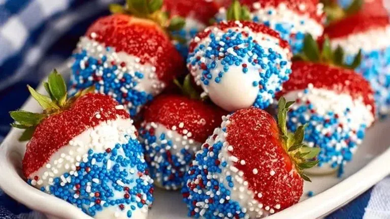 Festively decorated chocolate covered strawberries for 4th of July celebrations.
