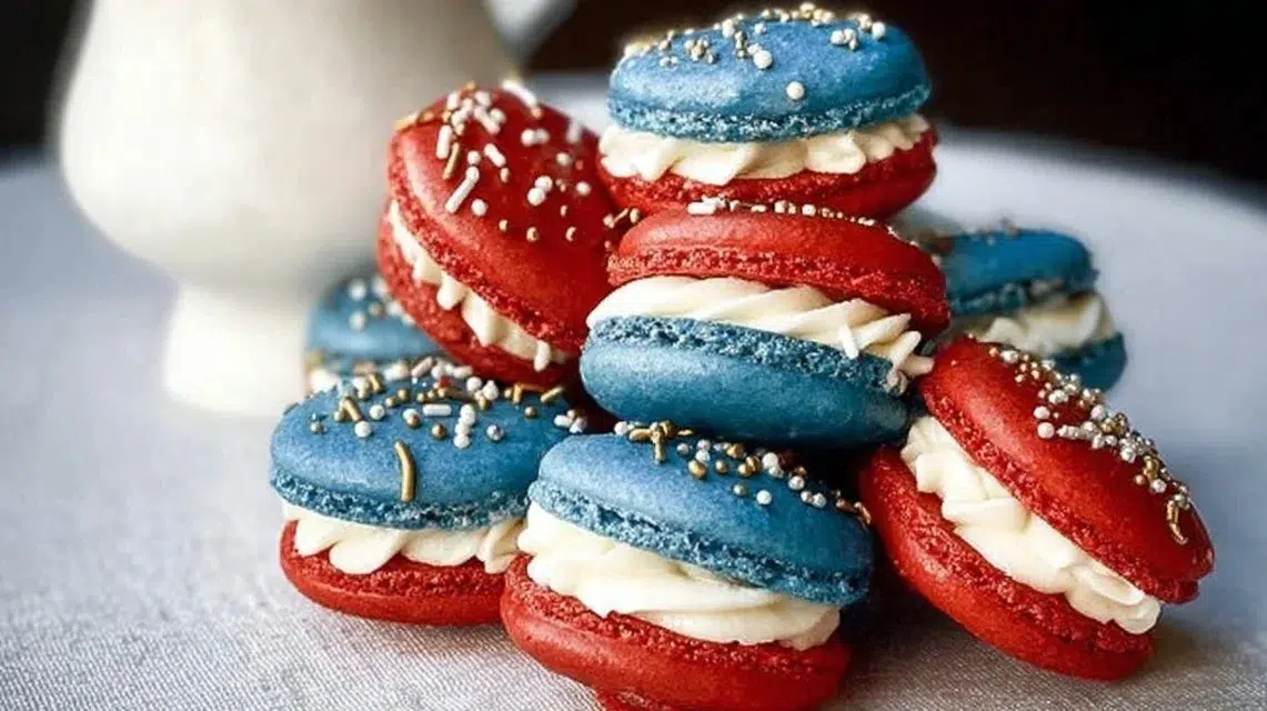 Delicious 4th of July Macarons in red, white, and blue colors for Independence Day.