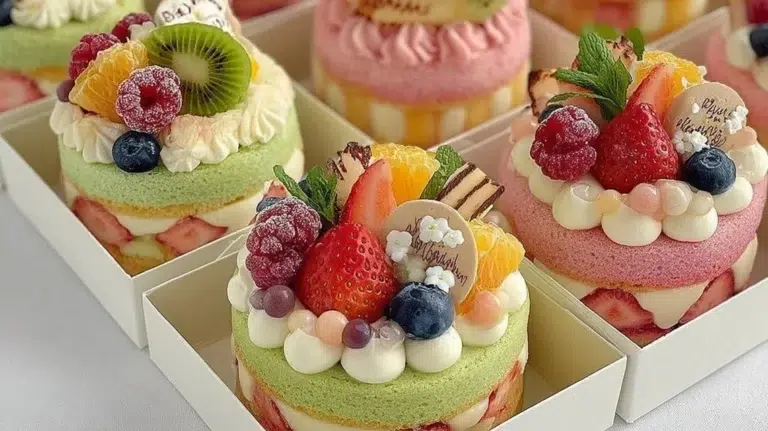 A collection of trendy and colorful bento cakes arranged creatively on a table.