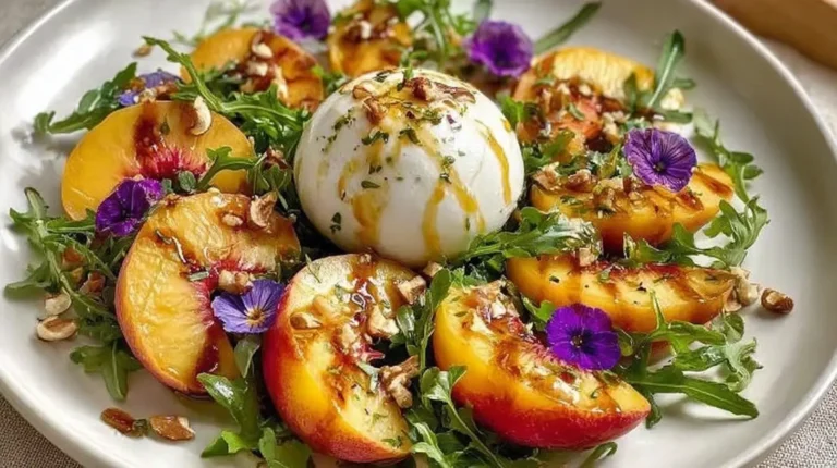 A vibrant Peach Burrata Salad featuring fresh peaches and creamy burrata cheese