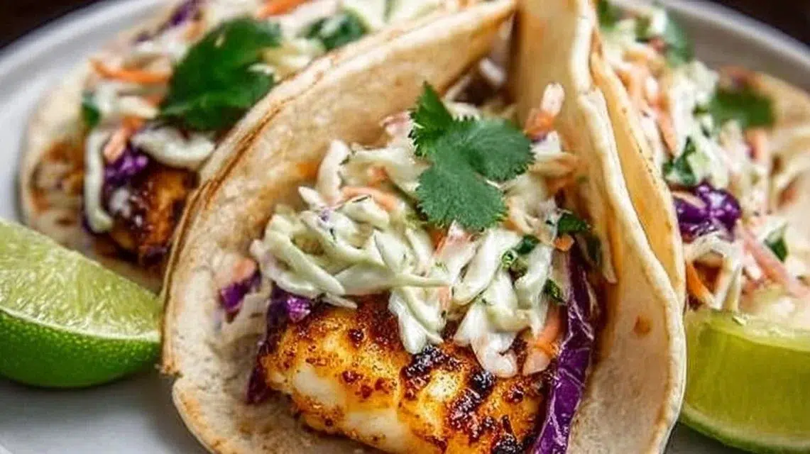 Air fryer fish tacos served with cilantro lime slaw on a plate