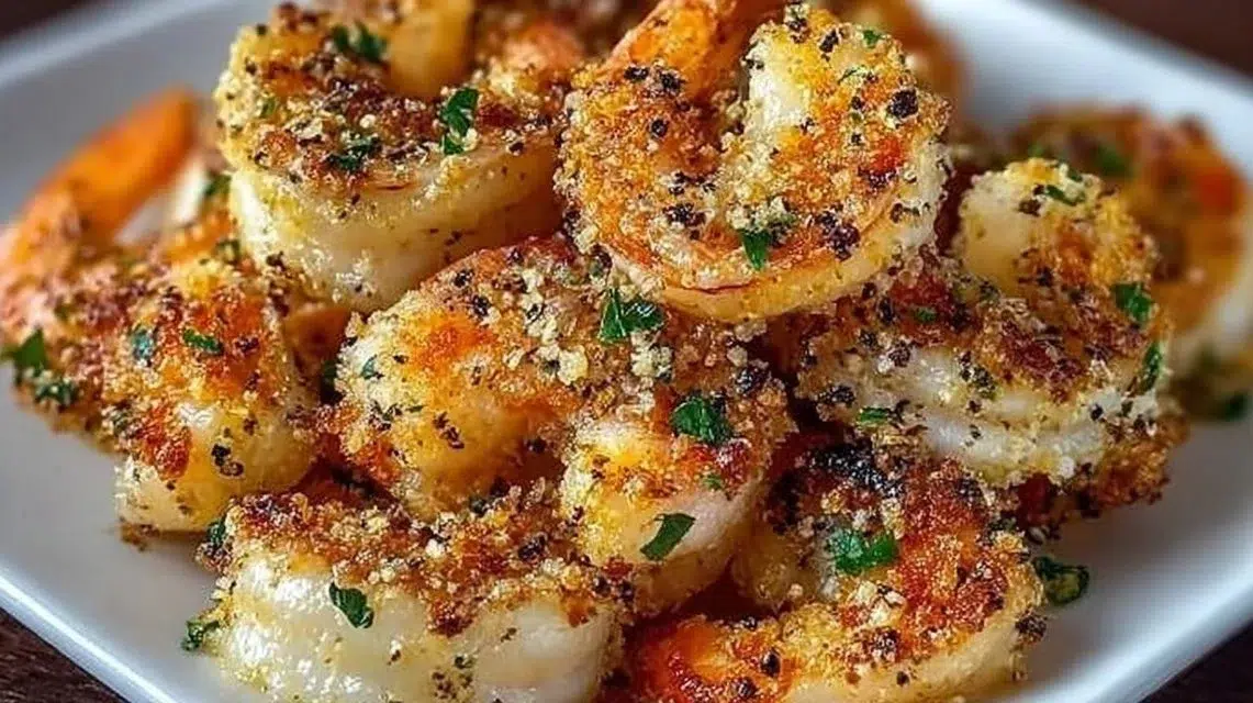 Air Fryer Garlic Parmesan Shrimp dish garnished with herbs