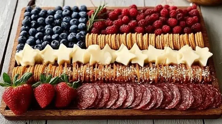 American Flag charcuterie board with cheeses, meats, and fruits in red, white, and blue
