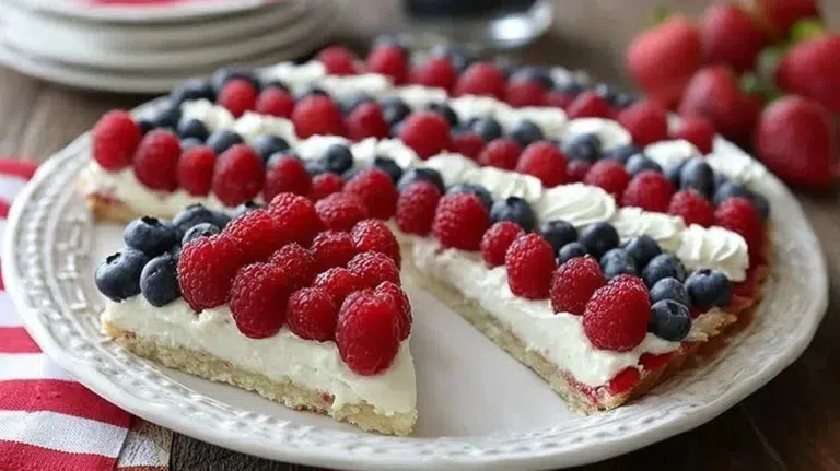 American Flag Fruit Pizza topped with strawberries and blueberries on a cookie crust