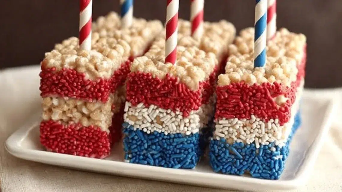 American Flag Rice Krispie Treats with red, white, and blue colors for celebrations