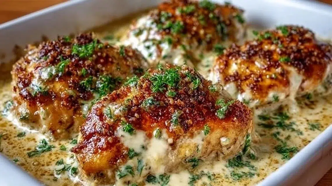 Delicious baked cream cheese chicken garnished with herbs on a plate.