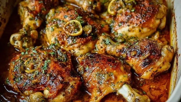 Delicious baked lemon butter chicken garnished with fresh herbs and lemon slices.