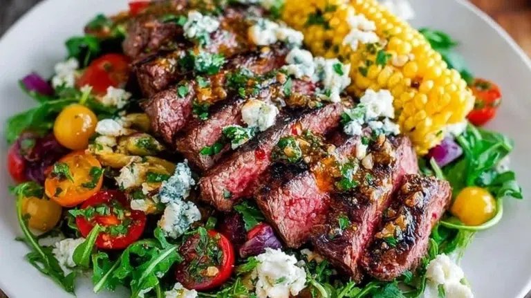 Balsamic Steak Gorgonzola Salad with Grilled Corn on a plate