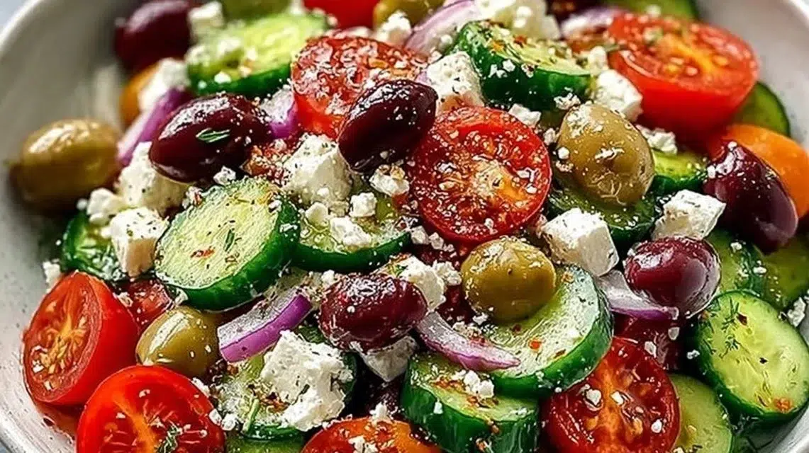 Delicious Greek salad with fresh vegetables and feta cheese for spring meals