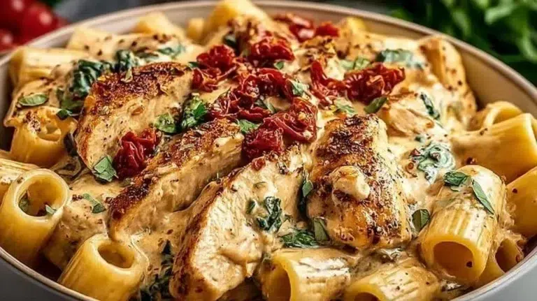 Delicious plate of Tuscan Chicken Pasta garnished with fresh herbs