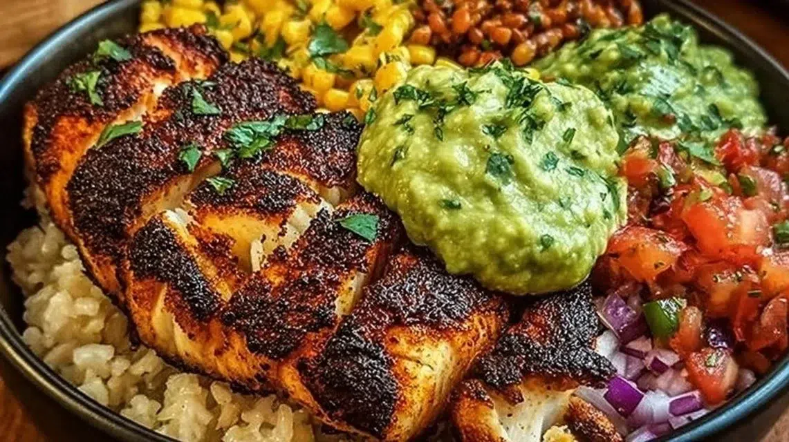 Delicious blackened fish taco bowls served with fresh ingredients and toppings