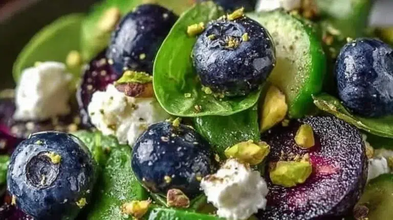 Colorful blueberry pistachio spring salad with fresh greens and nuts