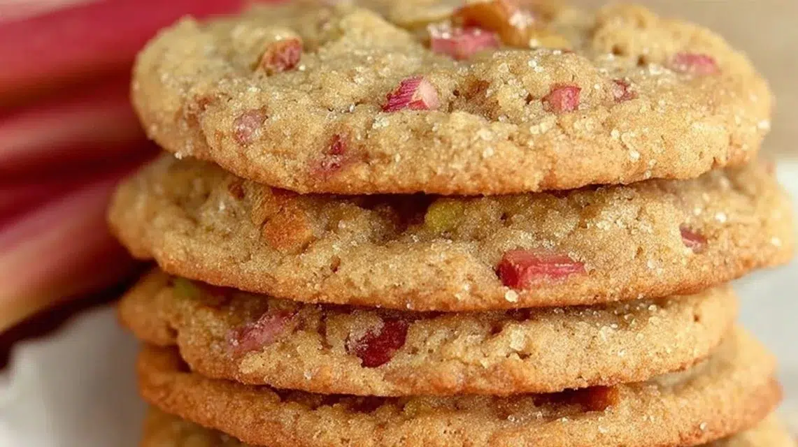 Batch of delicious Brown Sugar Rhubarb Cookies on a wooden surface