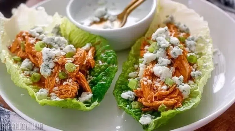 Buffalo Chicken Lettuce Wraps with fresh vegetables and sauce