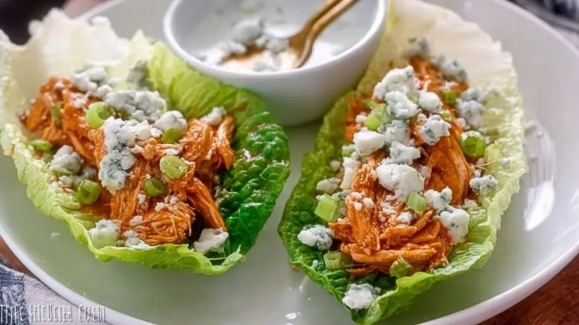 Buffalo Chicken Lettuce Wraps with fresh vegetables and sauce