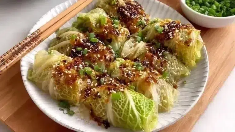 Plate of homemade cabbage dumplings served with sauce