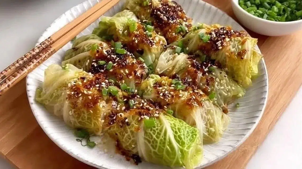 Plate of homemade cabbage dumplings served with sauce