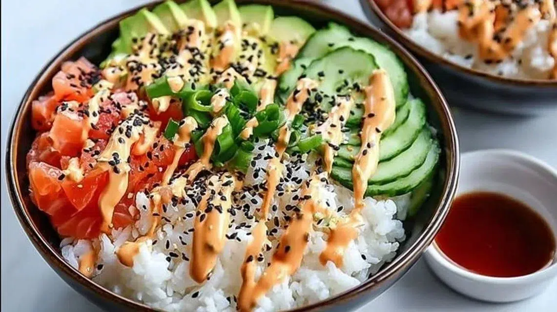 Colorful California Roll Sushi Bowl with fresh ingredients and toppings