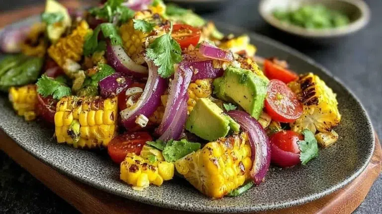 Delicious charred corn avocado salad served in a bowl with fresh ingredients.