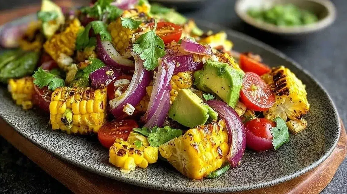 Delicious charred corn avocado salad served in a bowl with fresh ingredients.