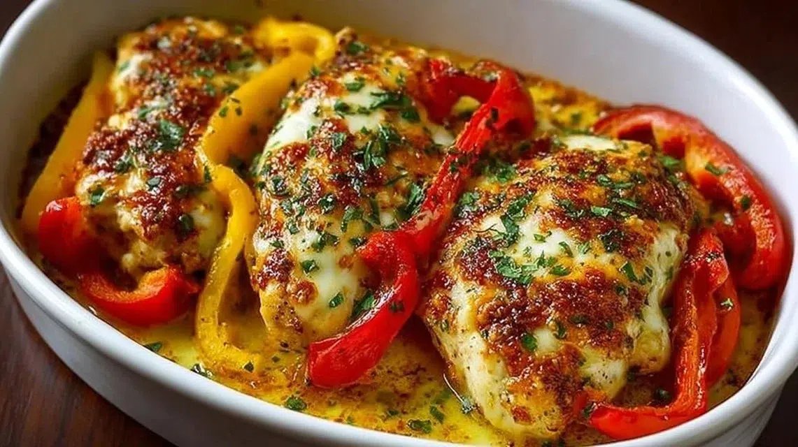 Cheesy baked chicken breast with colorful peppers in a savory dish