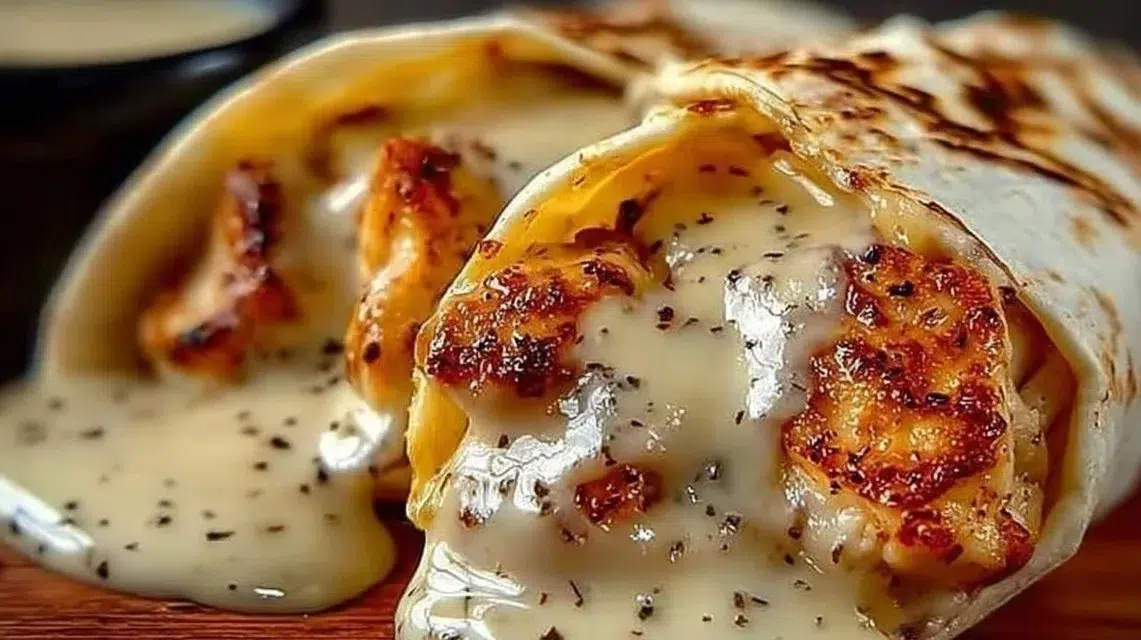 Delicious cheesy garlic chicken wraps served with fresh ingredients.