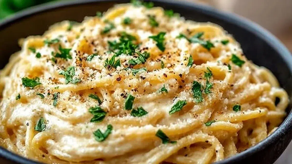 Cheesy garlic parmesan spaghetti topped with parsley on a white plate