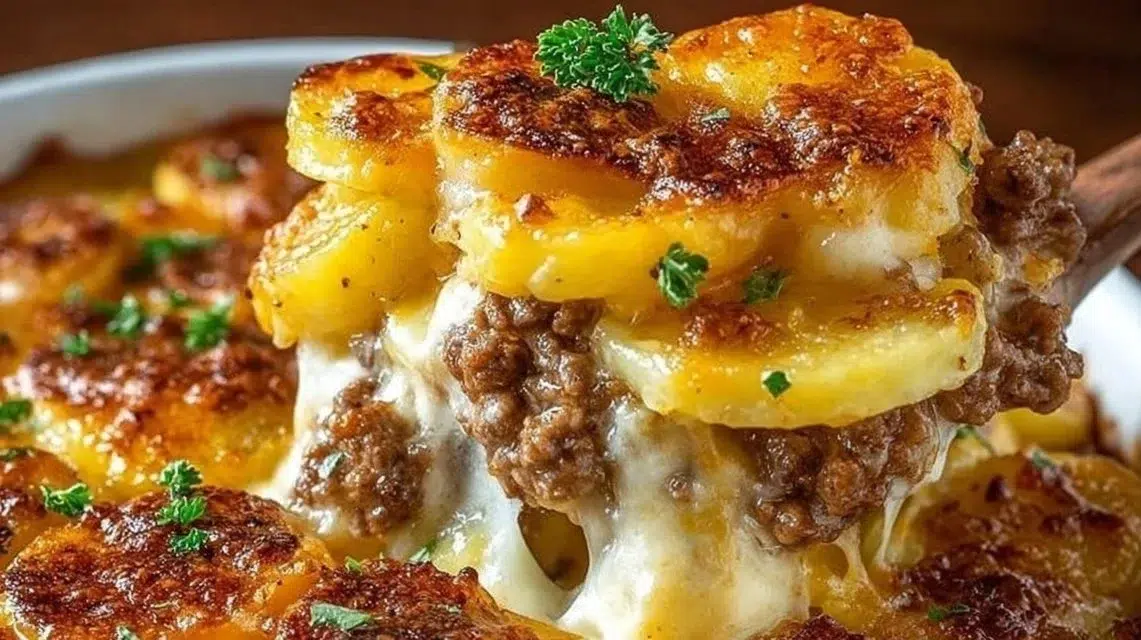 Cheesy Hamburger Potato Casserole topped with melted cheese and fresh herbs