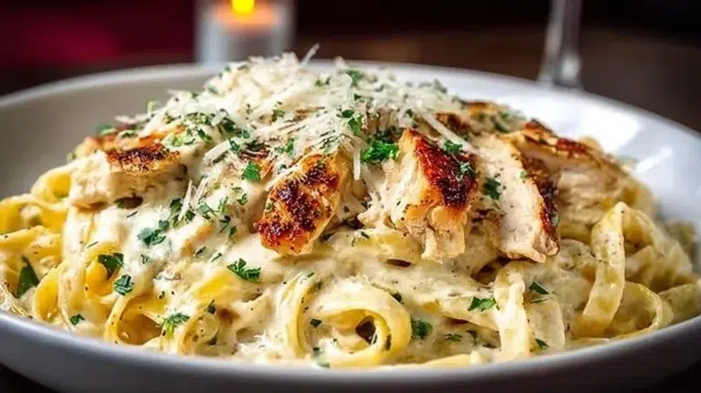 Cheesy One-Pot Chicken Alfredo Pasta served in a bowl