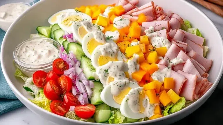 A colorful Chef Salad with fresh vegetables, cheese, and proteins in a bowl